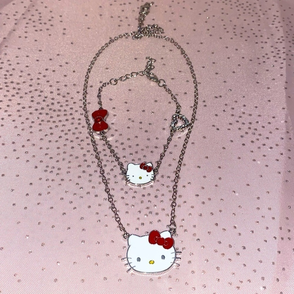 Hello Kitty Sanrio silver pendant necklace and bracelet set bling crystal red